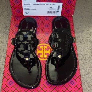 NEW Tory Burch Black Patent Logo Miller Thong Sandals